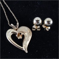 14k Gold Chain w/Heart Pendant & Stud Earrings