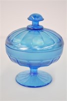 BLUE LIDDED GLASS DISH - 6 1/4" TALL