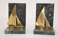 2 MARBLE AND BRASS SAIL BOAT BOOK ENDS