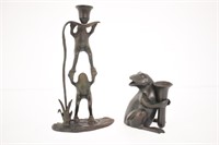 2 METAL FROG CANDLE HOLDERS- TALLEST IS 9.5"