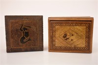 2 WOODEN TRINKET BOXES - ONE HAS PUSH TOP RELEASE
