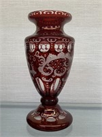 Czech Cranberry Etched Glass Vase 6"