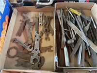 OLD WRENCHES AND BOX OF FILES