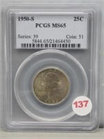 1950-S Washington Silver Quarter. PCGS MS65.