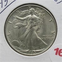 1943 UNC Walking Liberty Silver Half Dollar.
