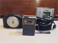 Assorted alarm clocks and radio. Timex Electric