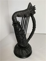 Antique Bog Oak Carving of Harp w/ Shamrocks