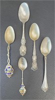 5 Sterling Spoons - Some w/ Places of Origin - 80g