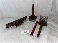 3 Antique Wooden Combs with Iron Claws