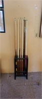 Metal pool cue stick stand with 9 cue sticks