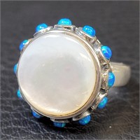 White Mother of Pearl Lab-Created Opal Silver Ring