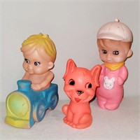 3 Vtg Rubber Sqeaky Toys - Girl, Boy, & Puppy
