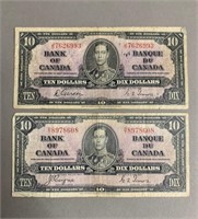 Pair 1937 Bank of Canada $10 Notes