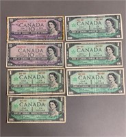 (2) 1954 $10 and (5) $1 Centennial Bank Notes
