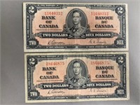 (2) $2 1937 Bank of Canada Notes