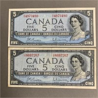 (2)1954 $5 Bank of Canada Notes