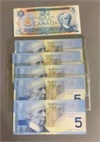 Lot Various $5 Bank of Canada Notes