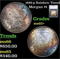 1889-p Morgan Dollar Rainbow Toned $1 Graded ms65+