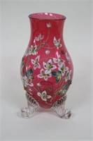 SIGNED MOSER ENAMELED CRANBERRY FOOTED VASE