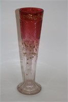 SIGNED MOSER TALL BLOWN CUT AND ENAMELED VASE
