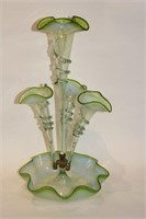 GREEN OPALESCENT FOUR TRUMPET ART GLASS EPERGNE