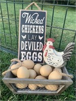 Wicked Chickens Sign & Real Eggs Blown in Wire