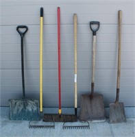 Assorted Shovels, Brooms & Rakes