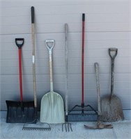 Assorted Shovels, Rakes, Broom & Pick