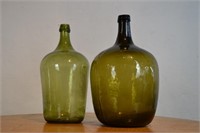 Green Glass Demijohn Bottles - 2 Total