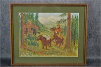 Framed Folk Art Cabin & Bear Meeting Pastel