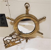 Brass Ships Wheel Mirror  Anchor Holder