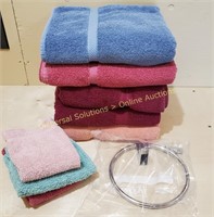 Assorted Towels, Face Cloths & Towel Hanger