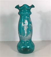 MARY GREGORY GREEN GLASS VASE RUFFLED RIM