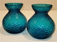 Pair of Vintage MCM Blue Crackle Glass 4.5" Vases