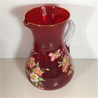 RUBY RED HANDLED ENAMEL GLASS PITCHER ITALY