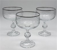Three Silver Rimmed Etched Glass Dessert Cups