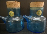2 VINTAGE BLUE GLASS BOTTLES CORK LIDS