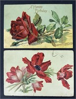 2 ANTIQUE 1900s POSTCARDS BIRTHDAY FLOWERS