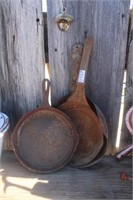LOT OF THREE STEEL AND CAST IRON SKILLETS