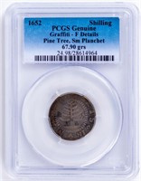 Coin 1652 Shilling, F Details, Pine Tree, Graffiti