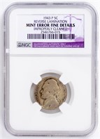 Coin 1943-P Jefferson Nickel, Lamination Error,F