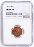 Coin 1936-D Lincoln Penny, NGC - MS66 RB