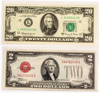 Coin 1928 $2 Bill+1963A$20 Bill, XF-Gem