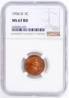 Coin 1936-D Lincoln Penny, NGC - MS67 RD