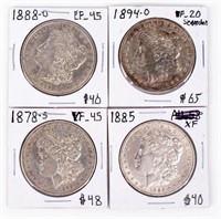 Coin 4 Morgan Dollars,1878-S,1885,1880-O,+VF-XF