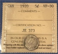 1920 5 Cents Silver ICCS Graded