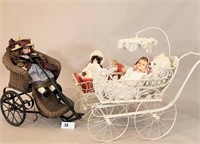 TWO DOLL CARRIAGES AND ONE WICKER PULL CHAIR