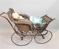 VICTORIAN BABY CARRIAGE WITH TWO DOLLS AND QUILT