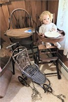 TWO HIGH CHAIRS AND A DOLL CARRIAGE
