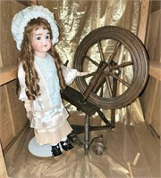 BISQUE-HEAD DOLL AND SPINNING WHEEL